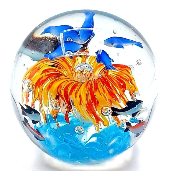 Murano Glass Tropical Fish Aquarium Art Paperweight 4.5" X 4.15" Handcrafted Wit - Picture 5 of 15